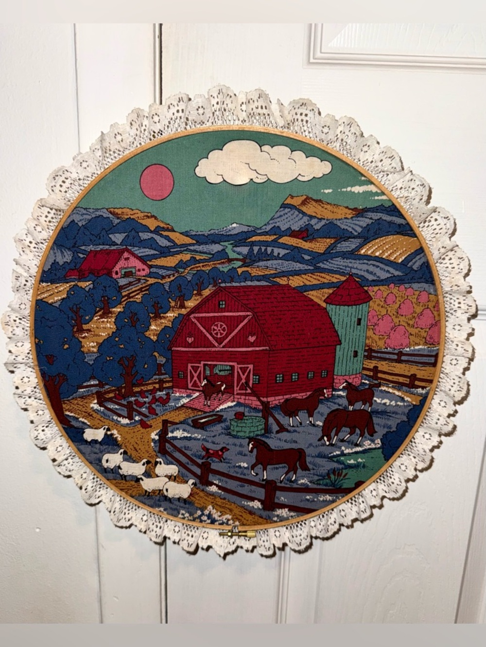 Vintage Farmhouse Round Wall Art Red Green Blue MCM Fabric Barn Mill Lace Trim